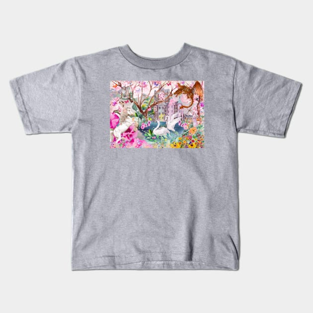 Sakura Swans Kids T-Shirt by Phatpuppy Art
